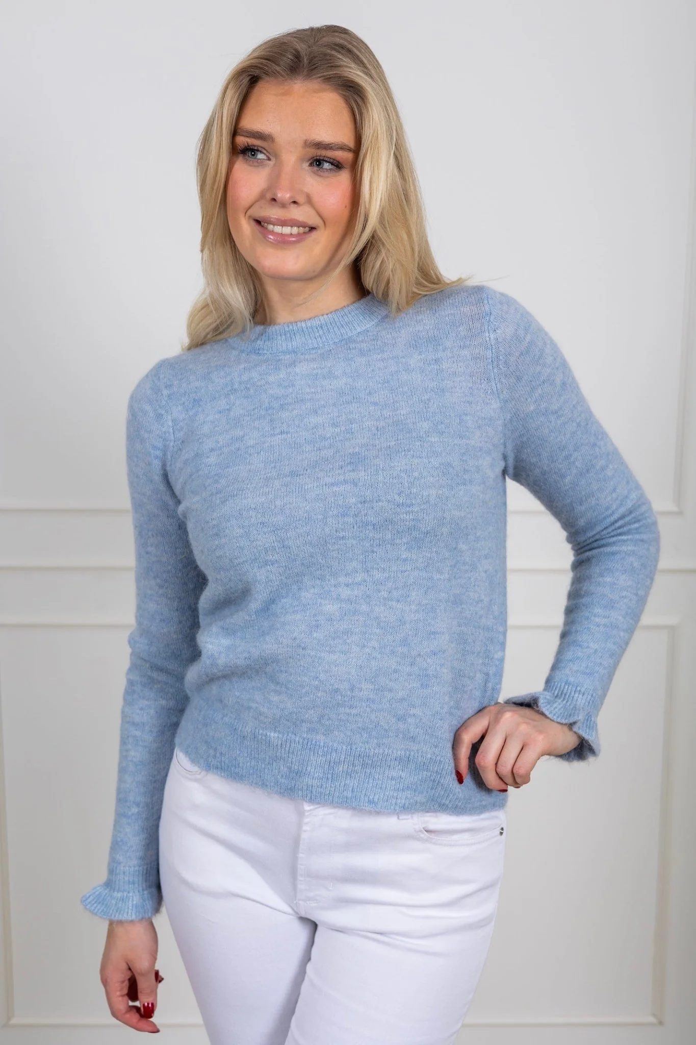 Lulu Ls Knit Frill Cuff O-Neck Cashmere Blue Melange - Image 2