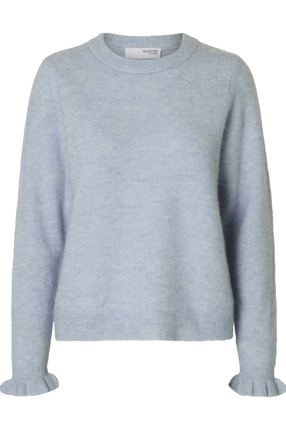 Lulu Ls Knit Frill Cuff O-Neck Cashmere Blue Melange - Image 3