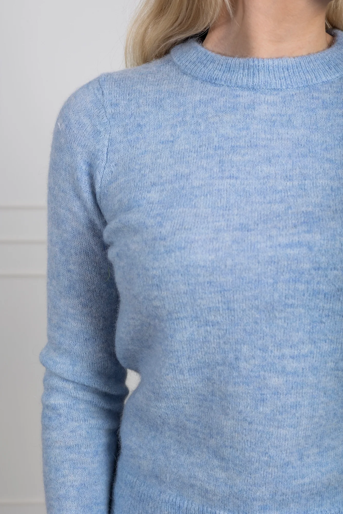 Lulu Ls Knit Frill Cuff O-Neck Cashmere Blue Melange - Image 6