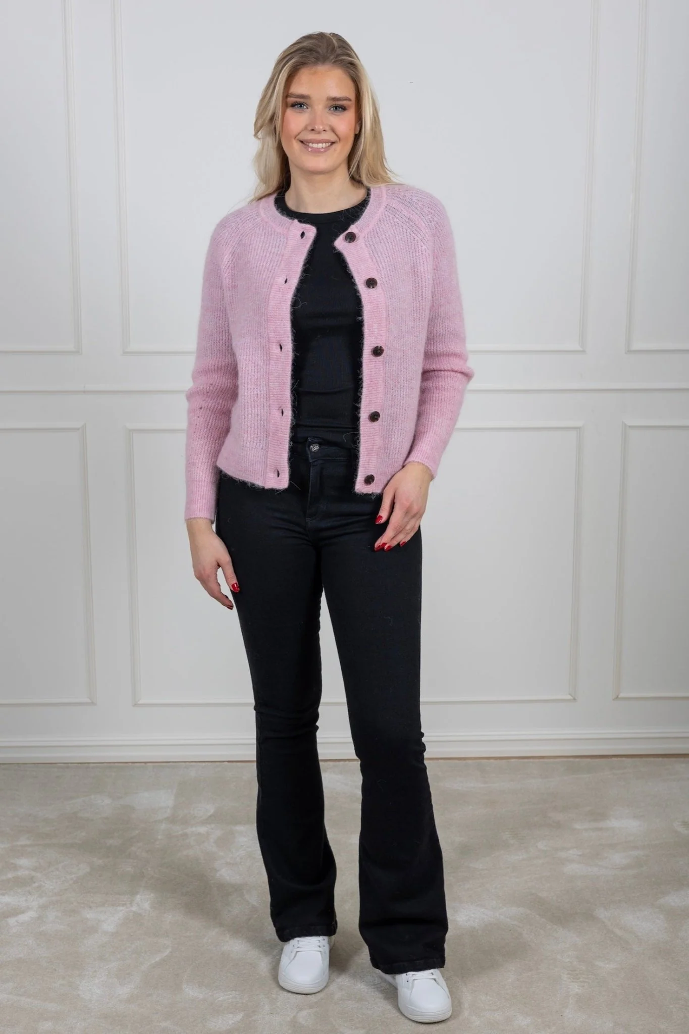 Lulu Ls Knit Short Cardigan Bleached Mauve Melange - Image 3