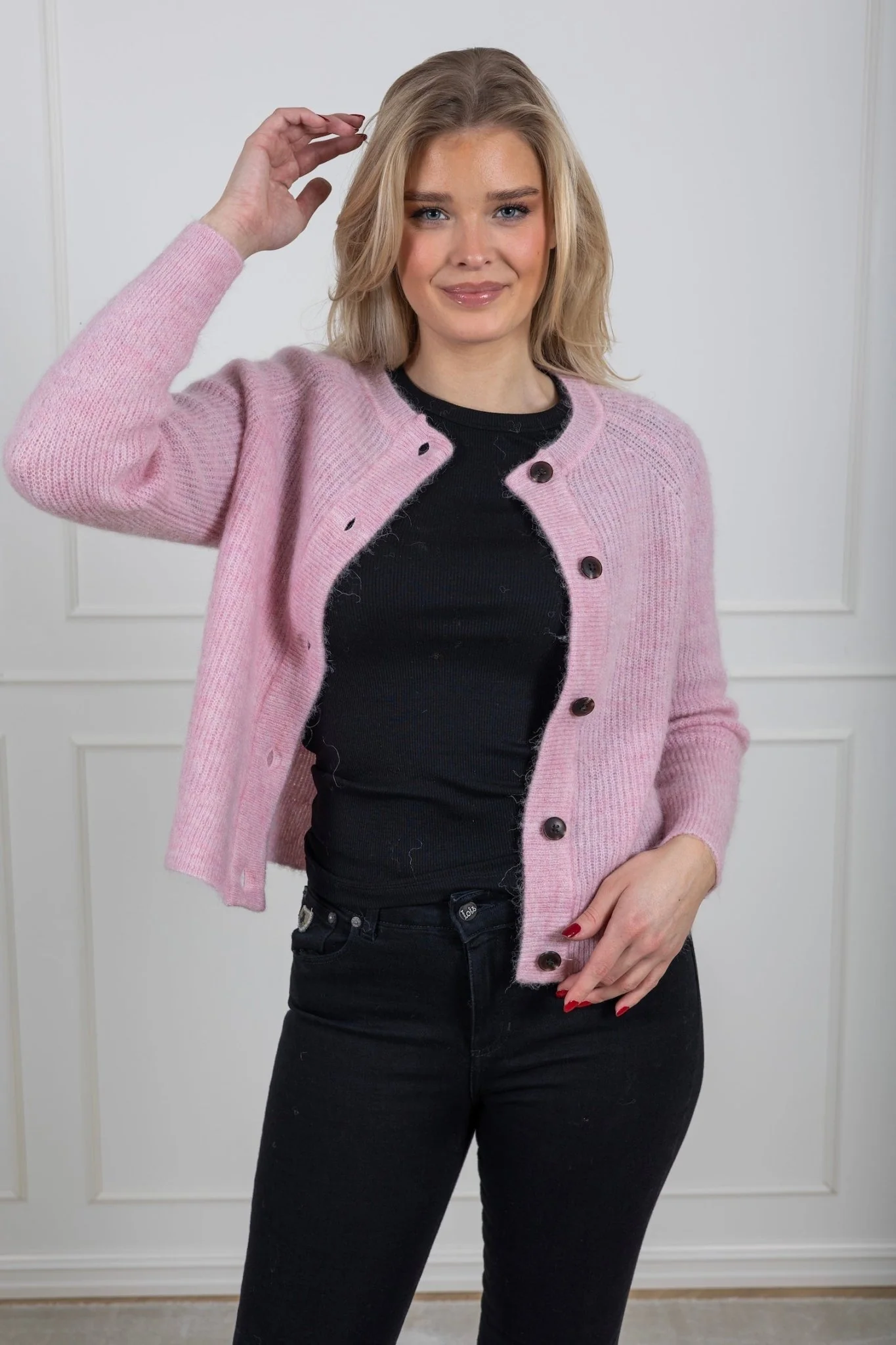 Lulu Ls Knit Short Cardigan Bleached Mauve Melange - Image 4