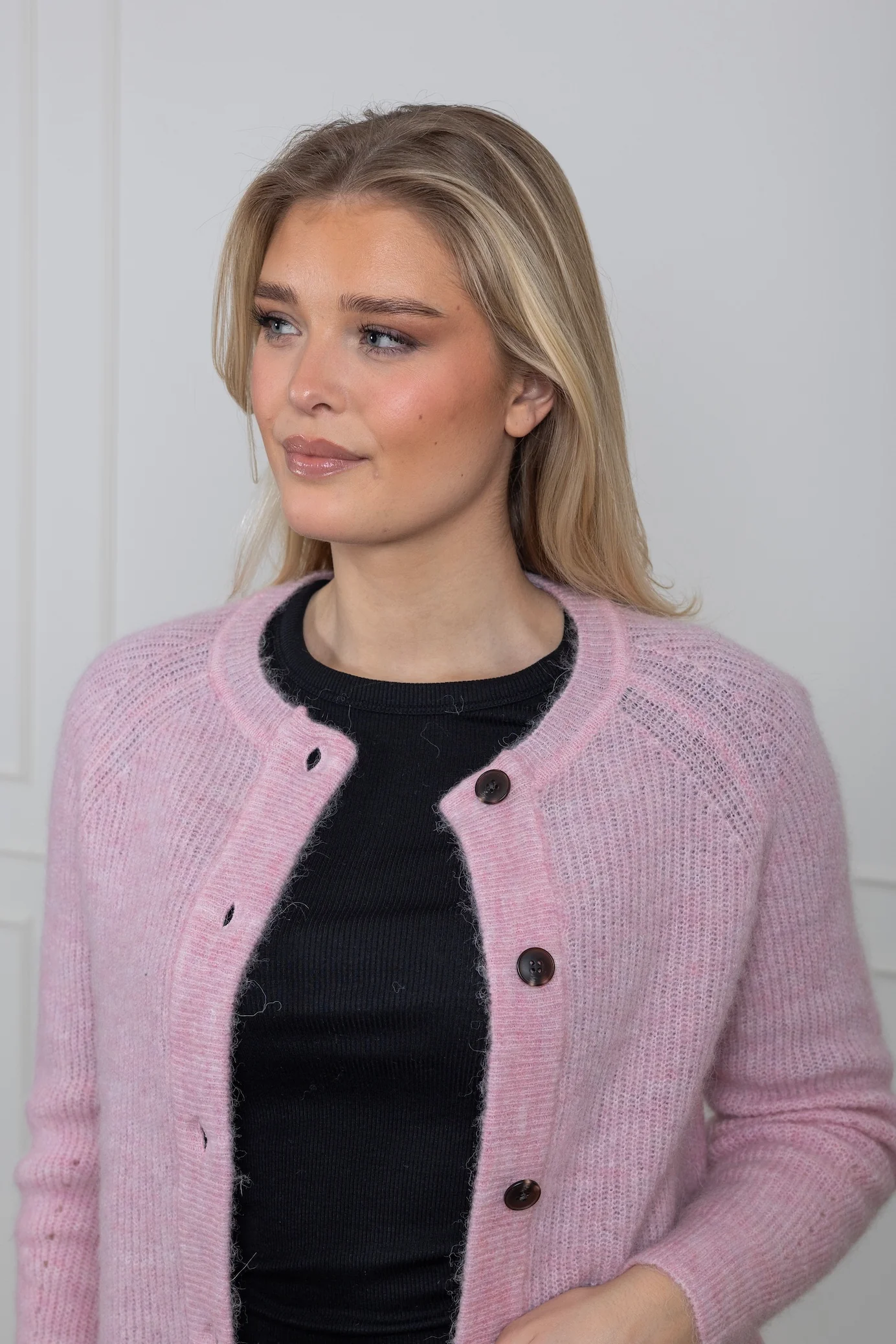 Lulu Ls Knit Short Cardigan Bleached Mauve Melange - Image 5