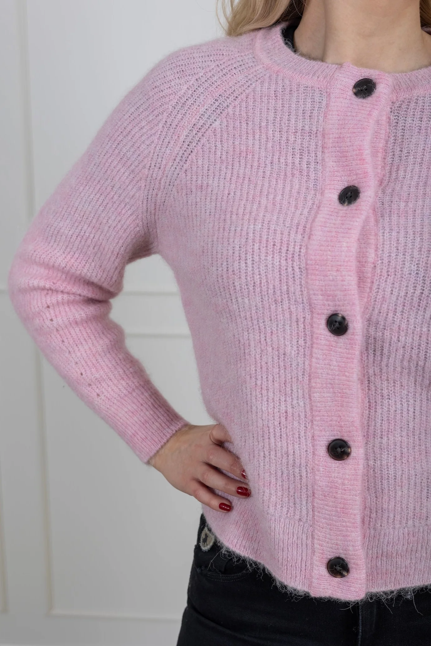 Lulu Ls Knit Short Cardigan Bleached Mauve Melange - Image 6