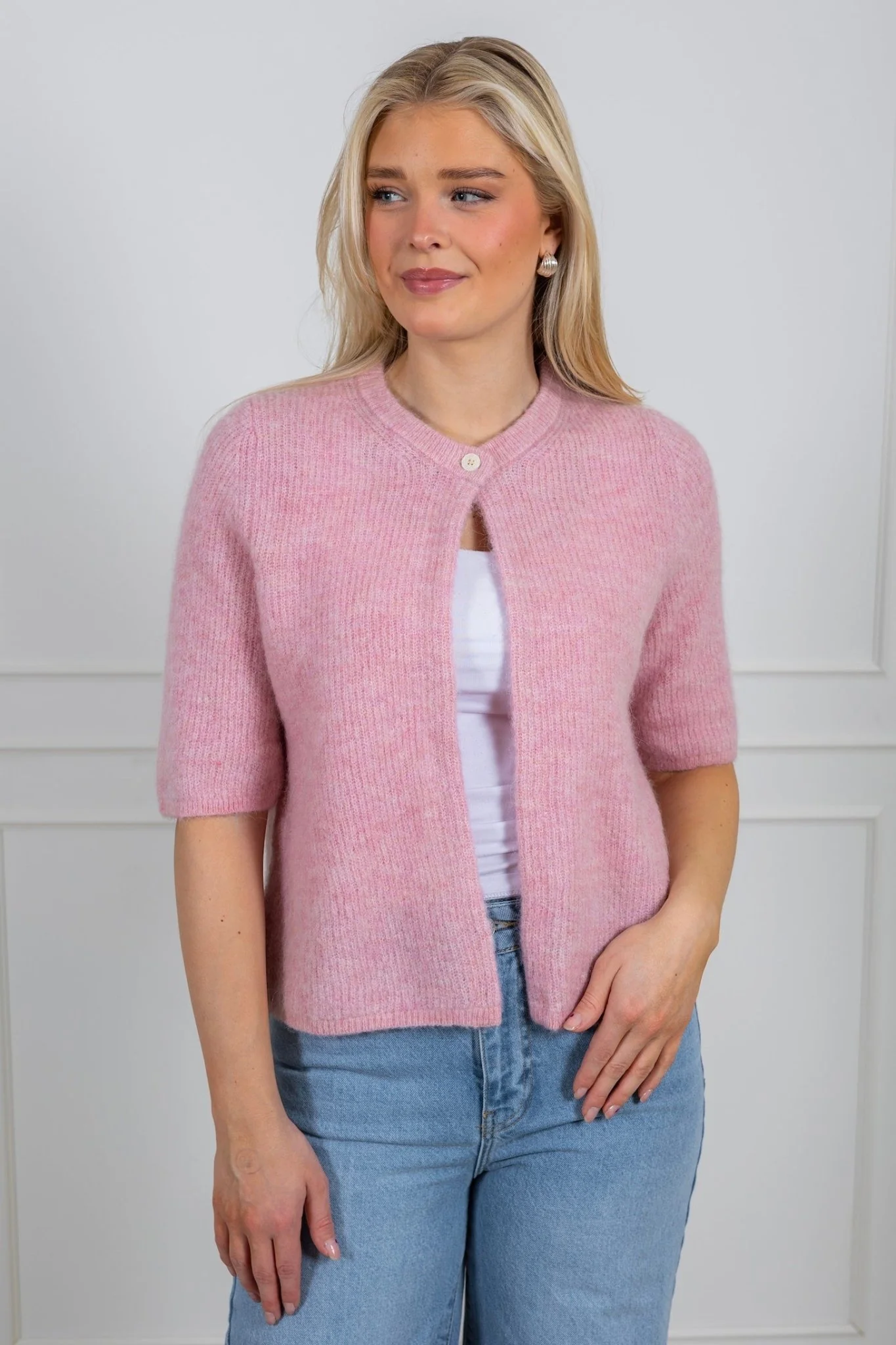 Sia Ras 2/4 Rib Knit Cardigan Bleached Mauve Melange