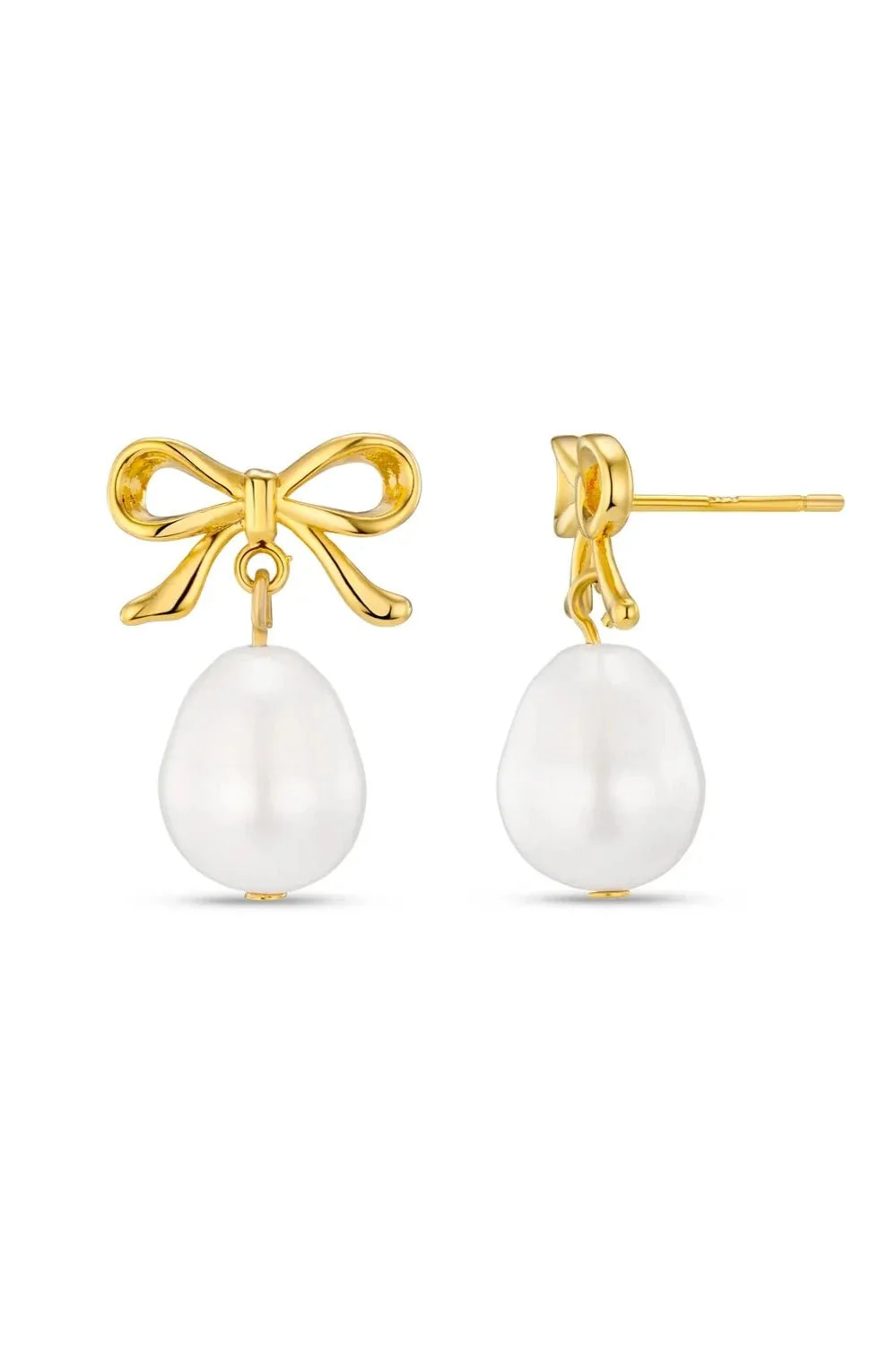 Metal Bow & Pearl Drop Earring Pale Gold