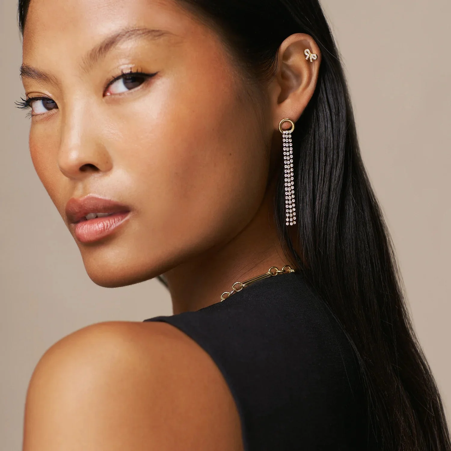 Open Circle Pave Drop Earrings Pale Gold - Image 2