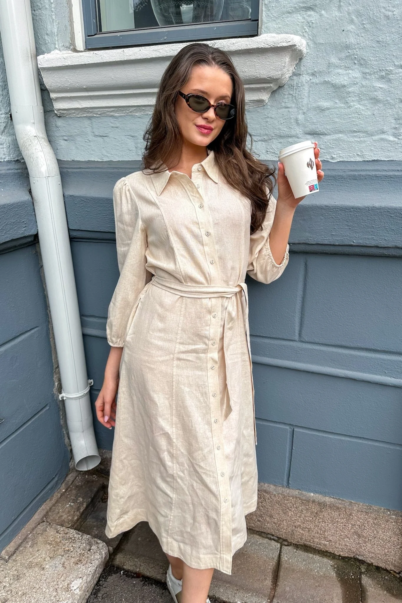 Flaxy 3/4 Linen Shirt Dress Birch - Image 4