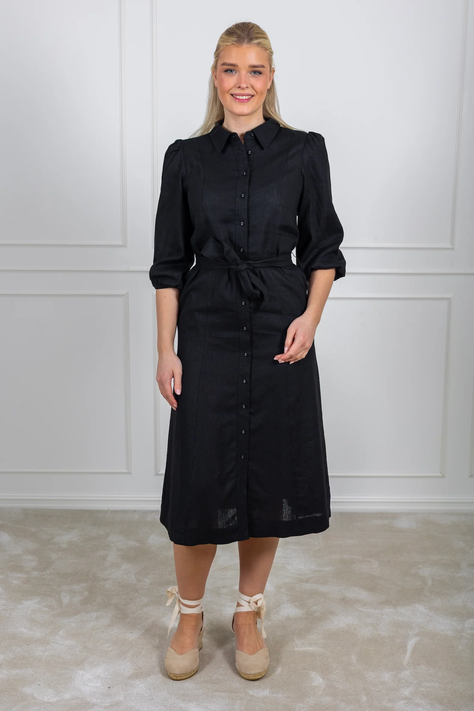 Flaxy 3/4 Linen Shirt Dress Black