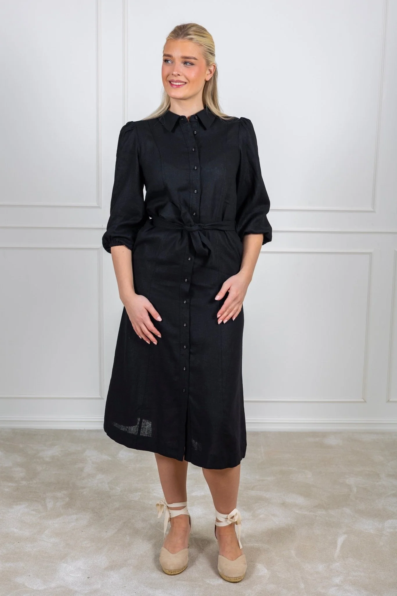 Flaxy 3/4 Linen Shirt Dress Black - Image 3