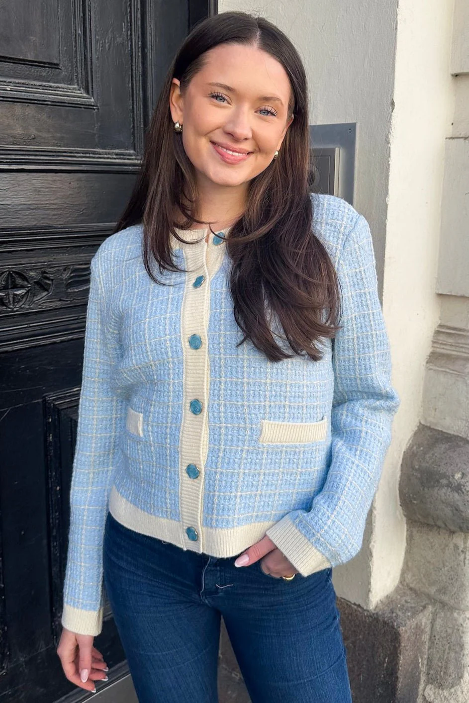 Yaslivia Ls Short Knit Cardigan Birch Clear Sky
