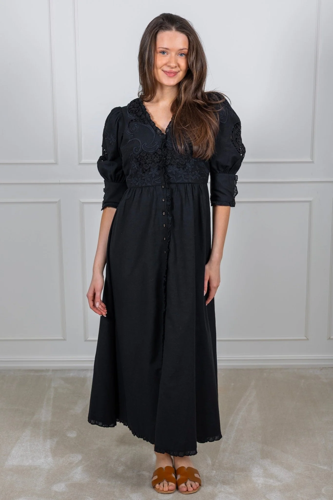 Linen Button-Down Dress Black