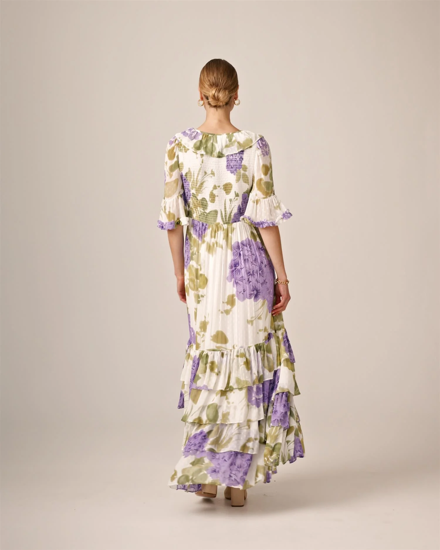 Dotted Georgette Rouching Dress Purple Flowerfield - Image 10