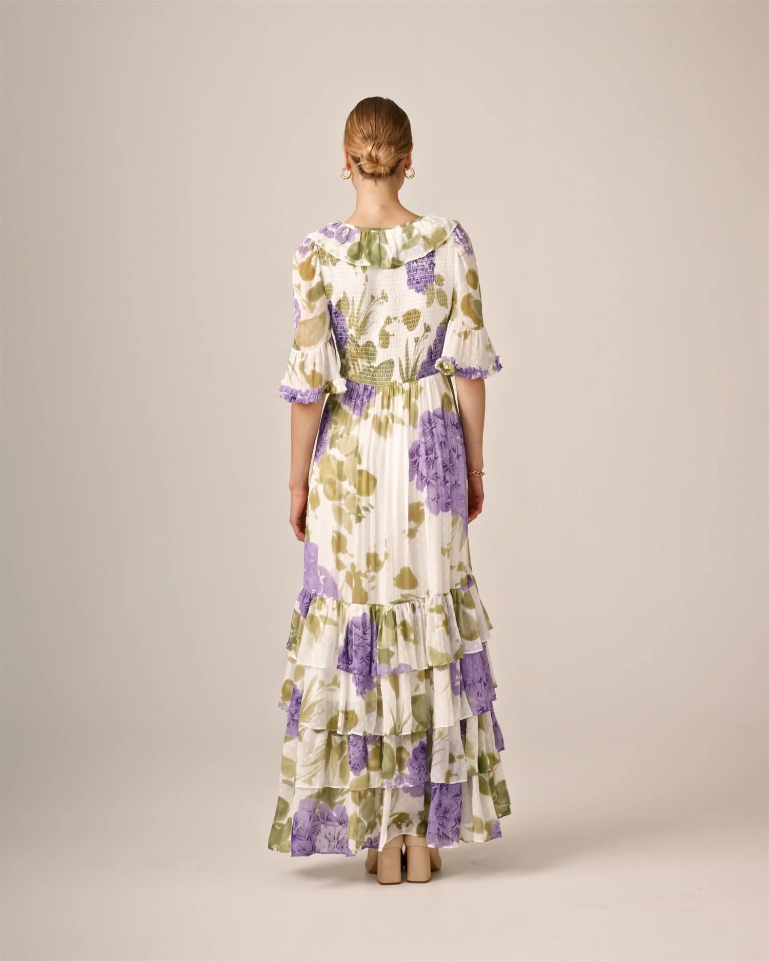 Dotted Georgette Rouching Dress Purple Flowerfield - Image 11