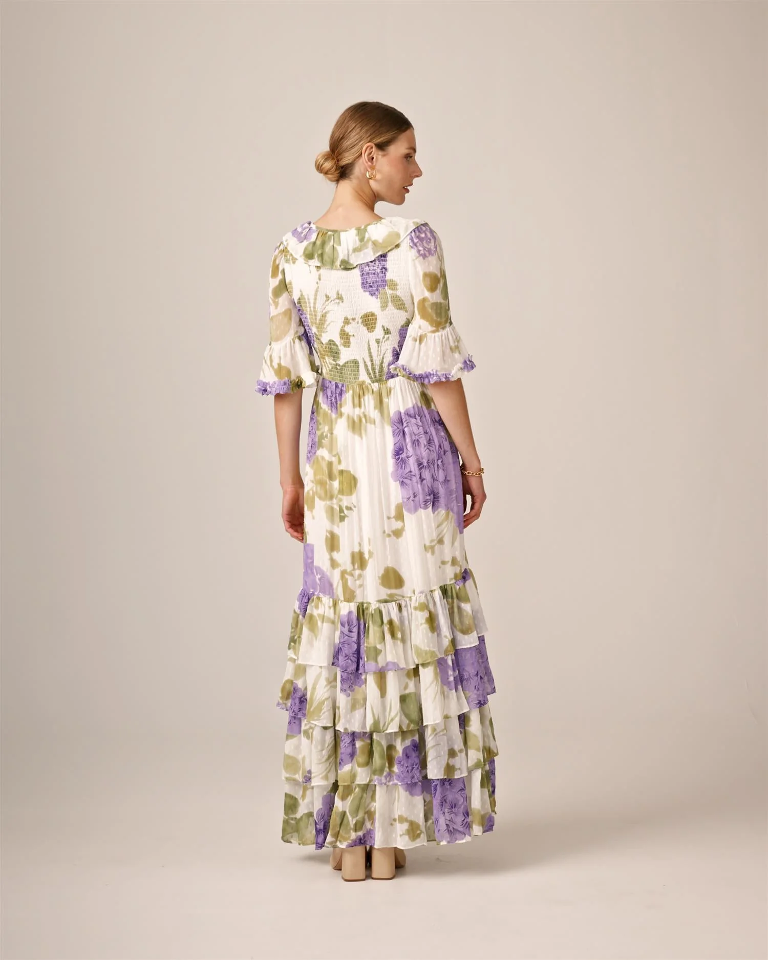 Dotted Georgette Rouching Dress Purple Flowerfield - Image 12