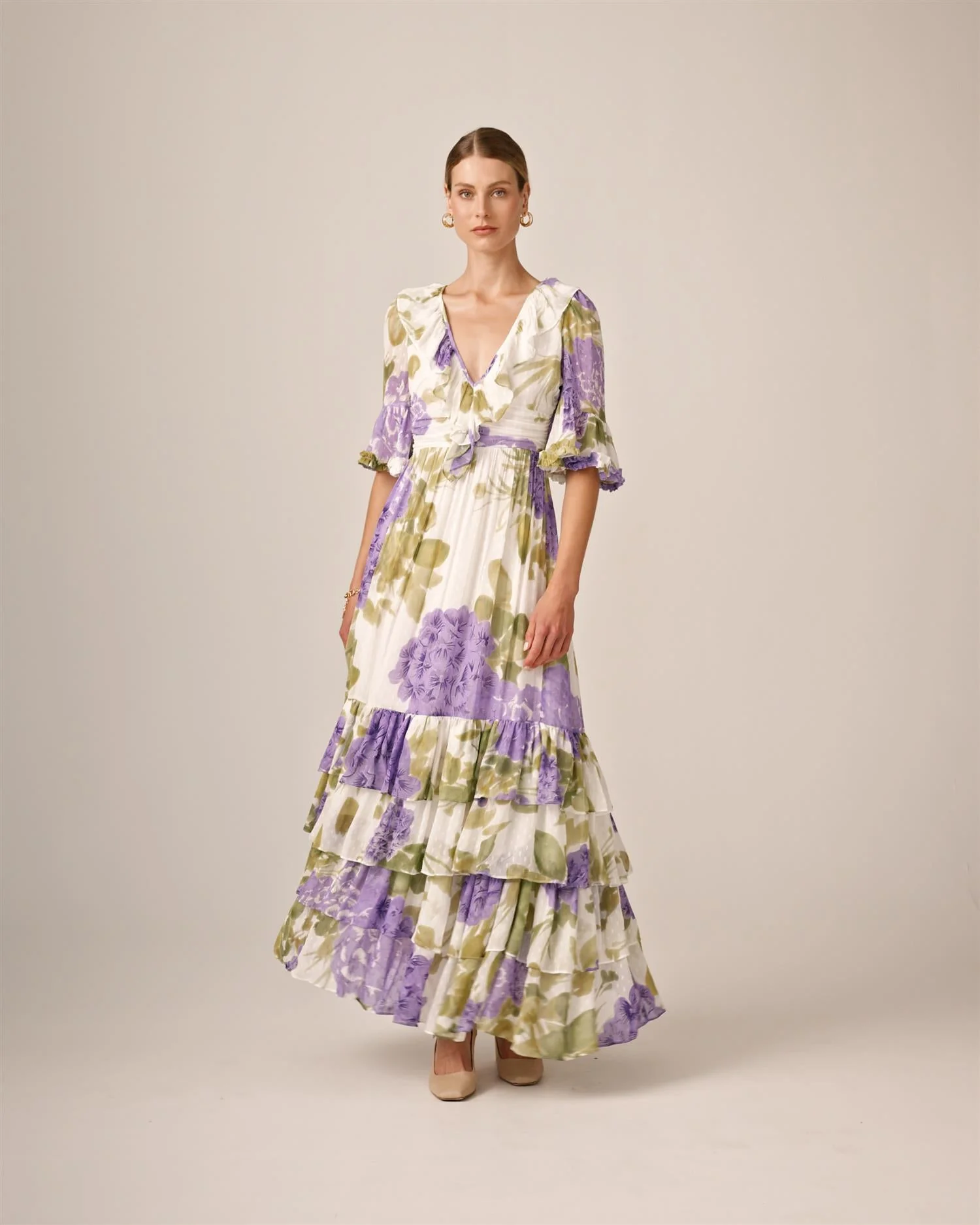 Dotted Georgette Rouching Dress Purple Flowerfield - Image 13