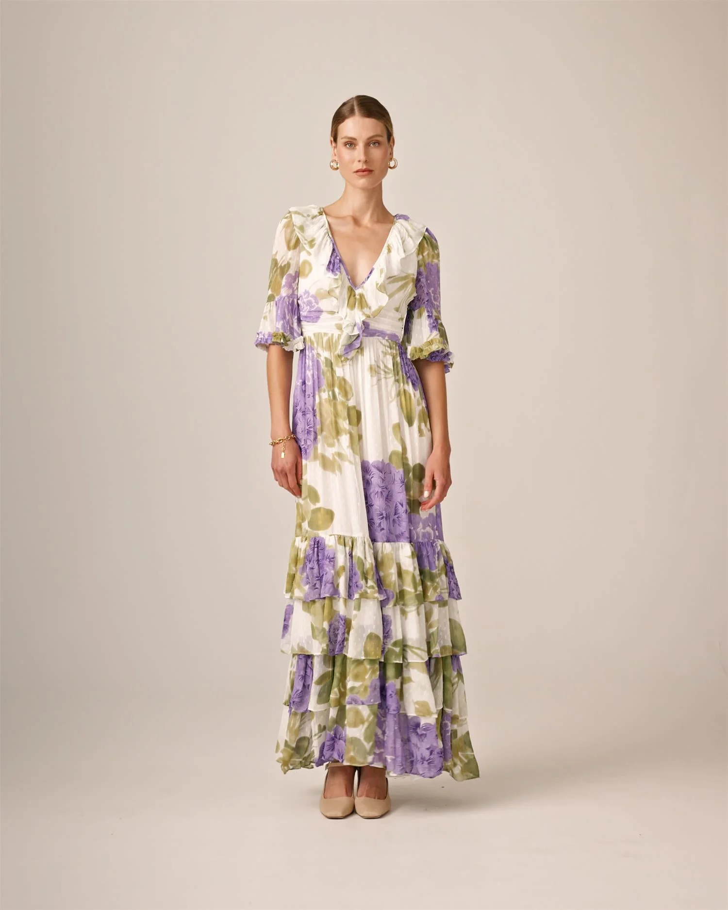 Dotted Georgette Rouching Dress Purple Flowerfield - Image 14