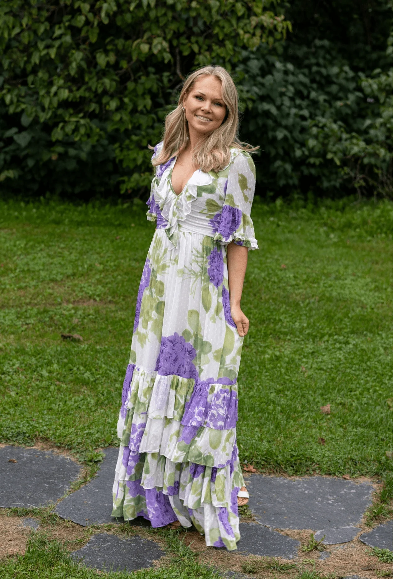 Dotted Georgette Rouching Dress Purple Flowerfield - Image 15