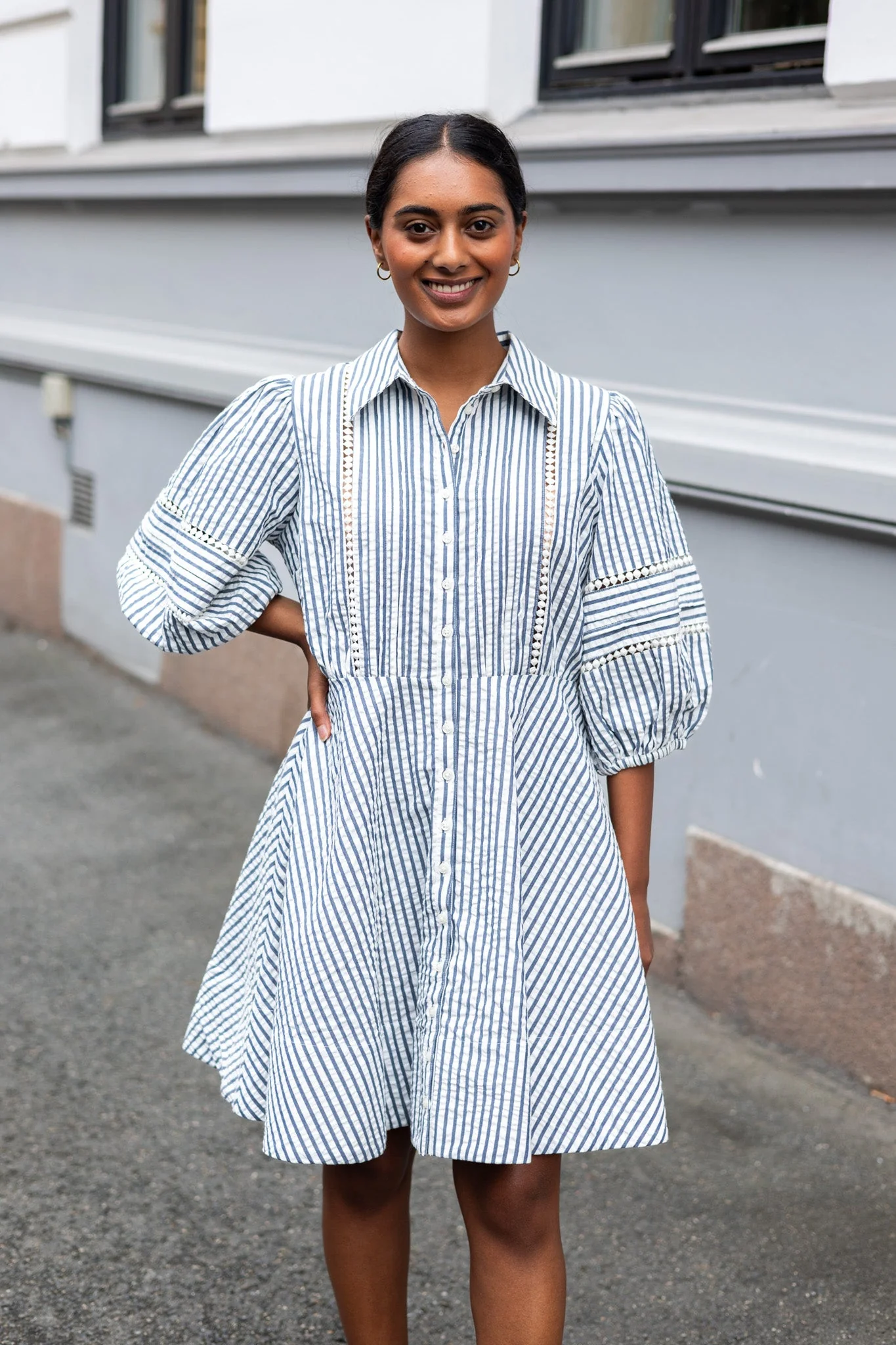 Seersucker Decorated Dress Blue Stripe - Image 3