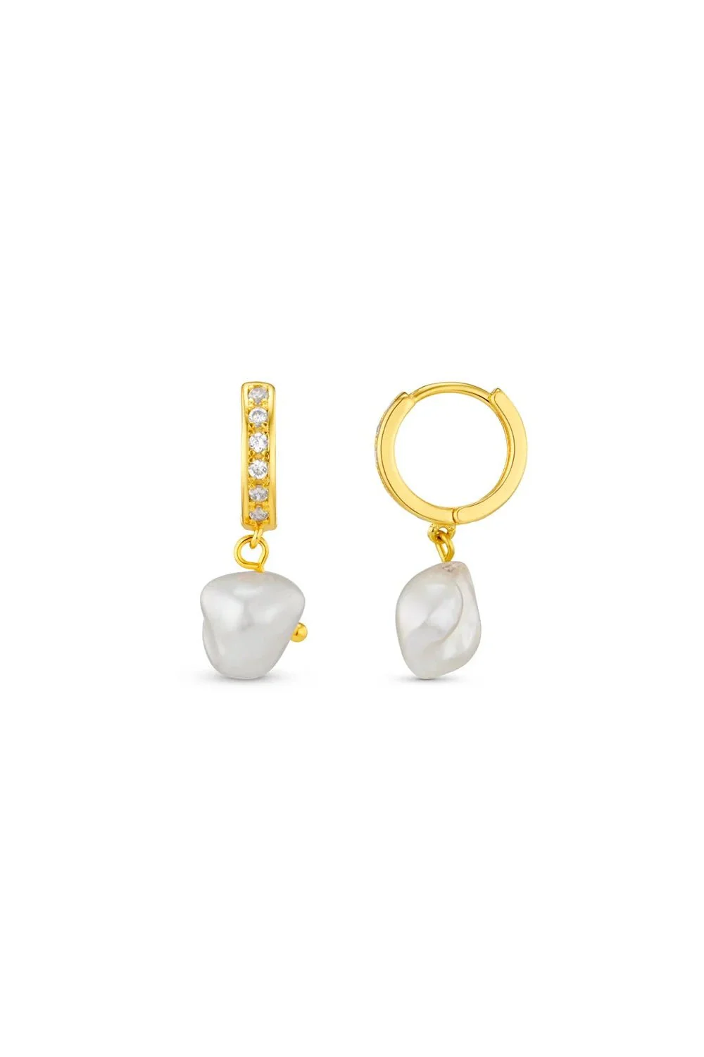 Pave & Organic Pearl Drop Hoops Pale Gold