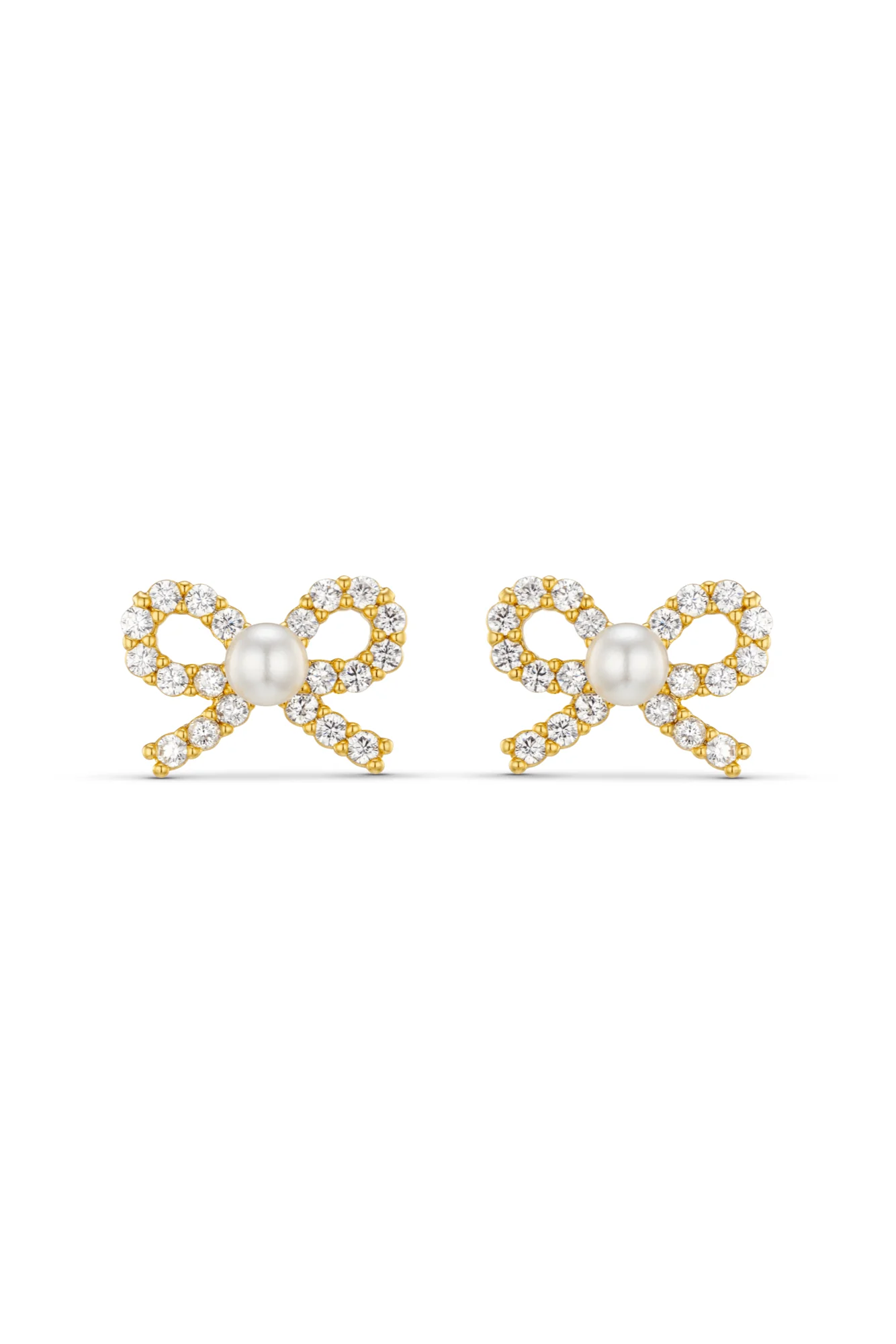 Pearl & Crystal Bow Stud Earrings Pale Gold