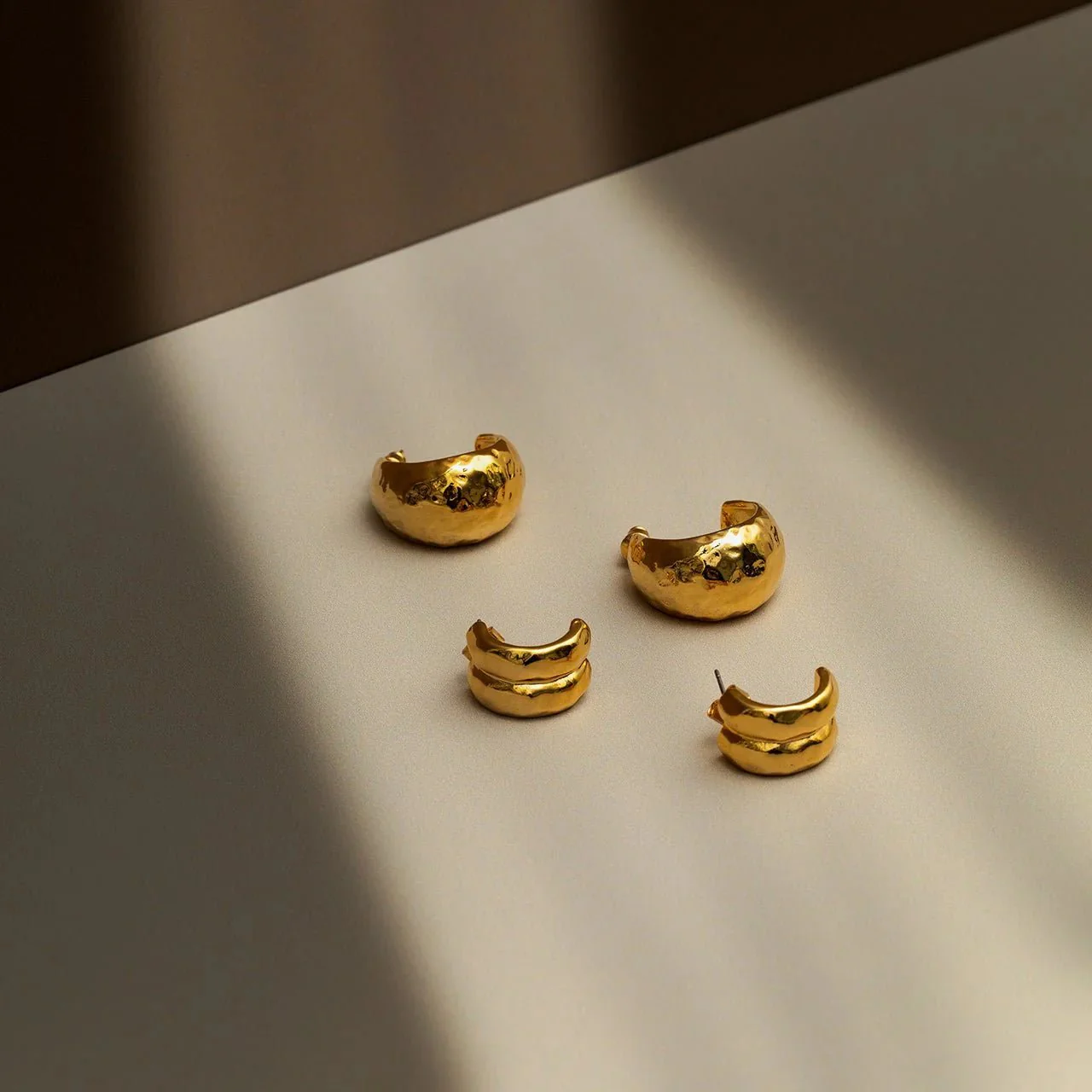 Polished Hammered Domed Hoops Pale Gold - Image 2
