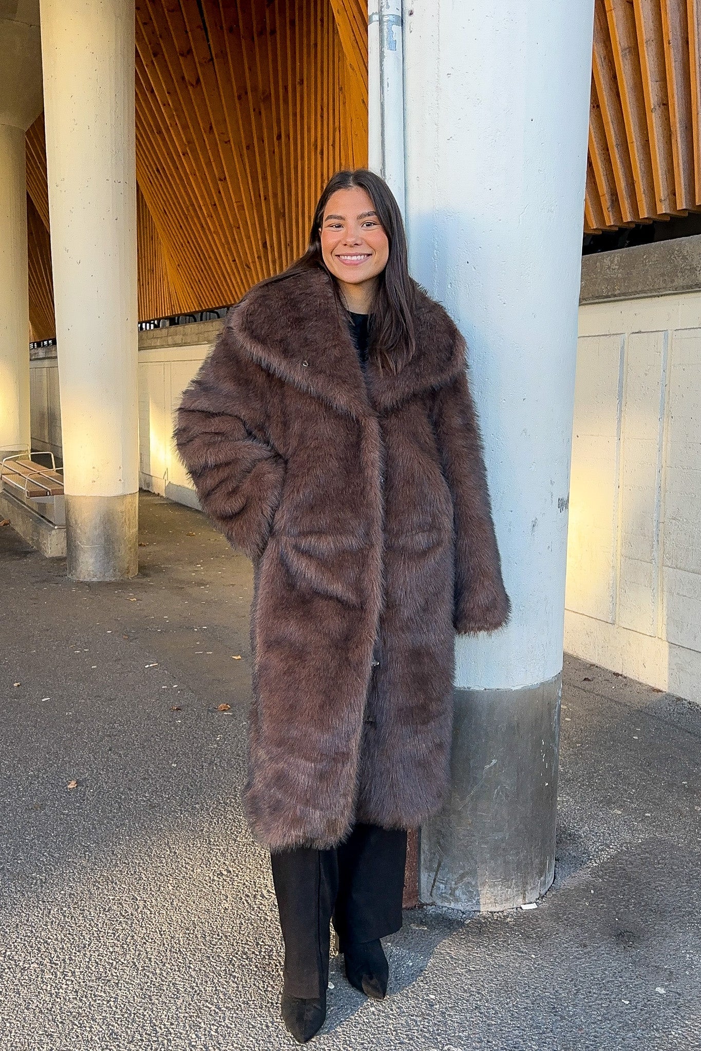 Stephanie Faux Fur Long Jacket Brown - Image 3