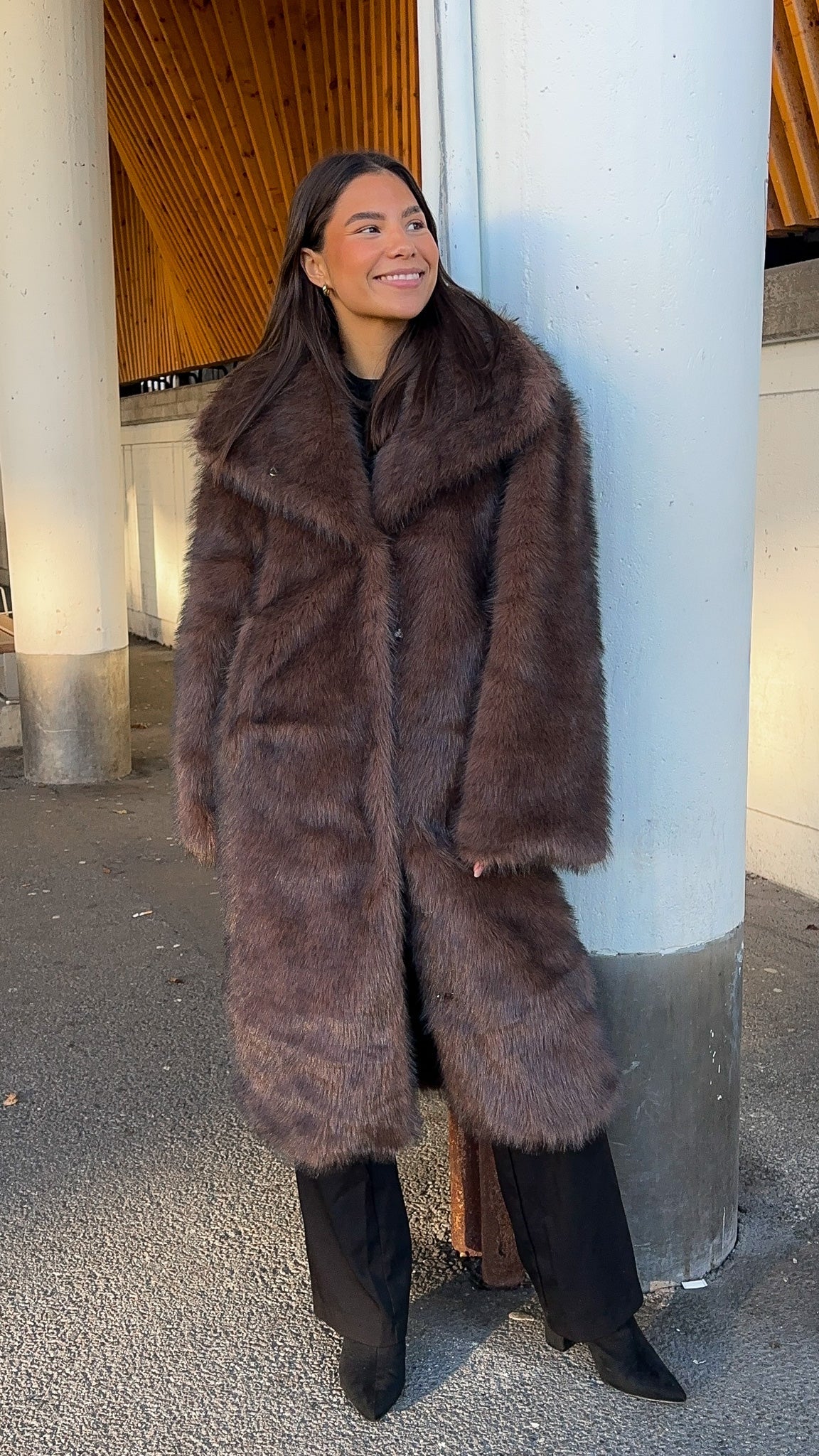 Stephanie Faux Fur Long Jacket Brown - Image 4