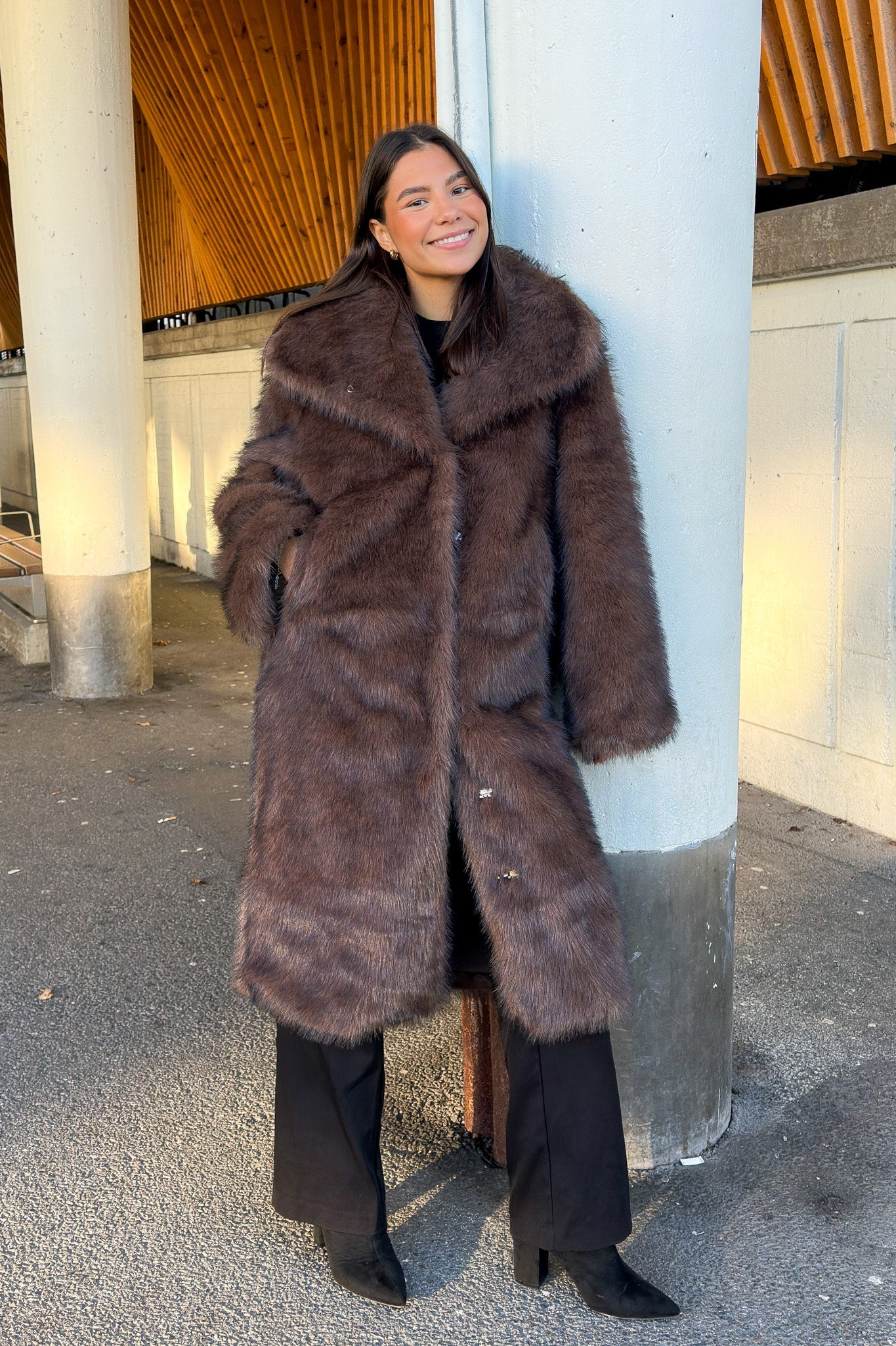 Stephanie Faux Fur Long Jacket Brown - Image 5