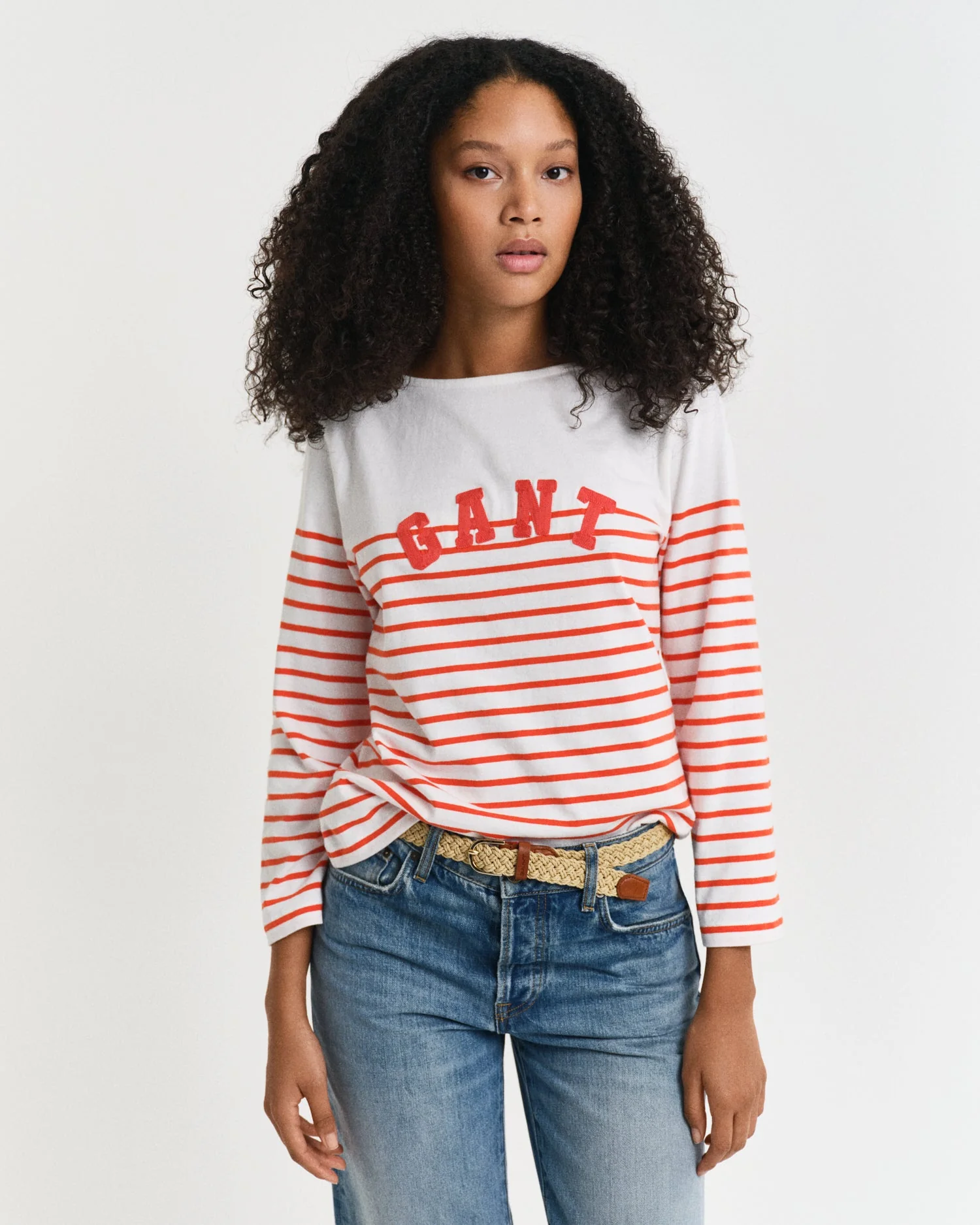 Breton Striped Boat Neck T-Shirt Orange Red - Image 2
