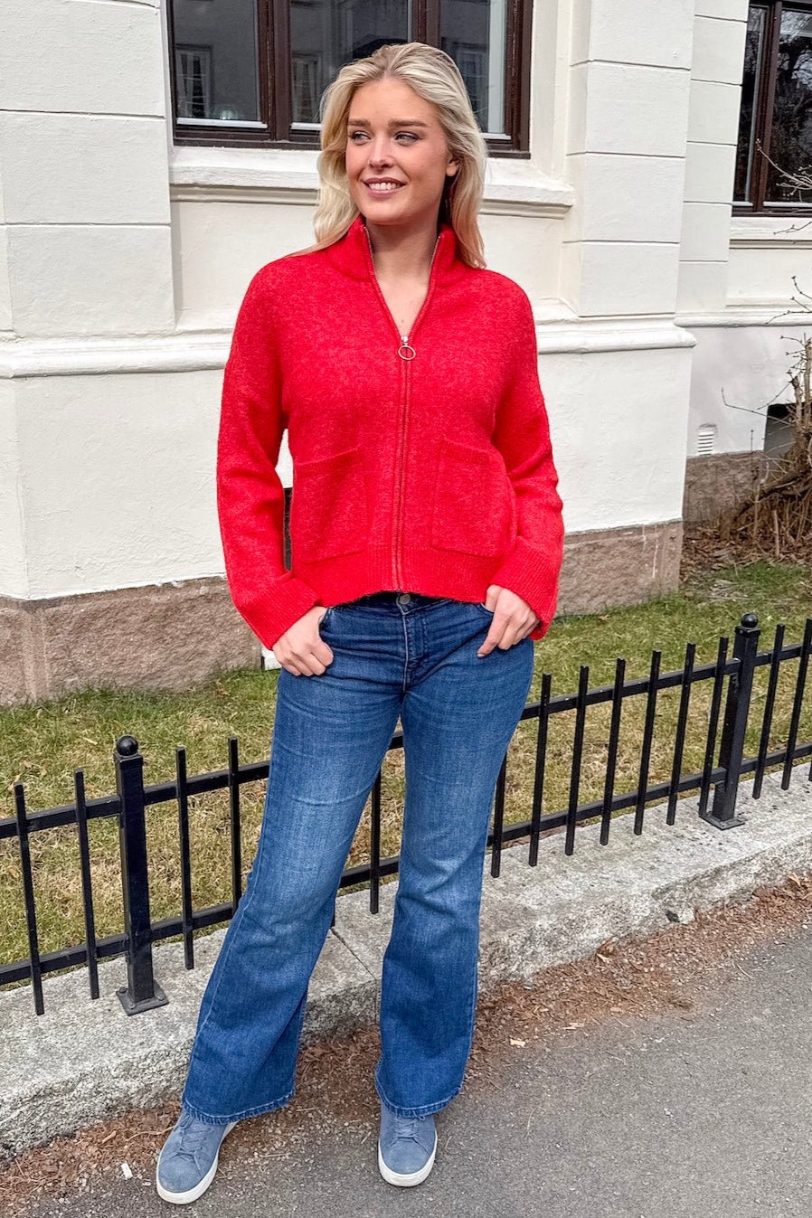 Sia Ras Ls Knit Zipper Cardigan Flame Scarlet Melange - Image 3