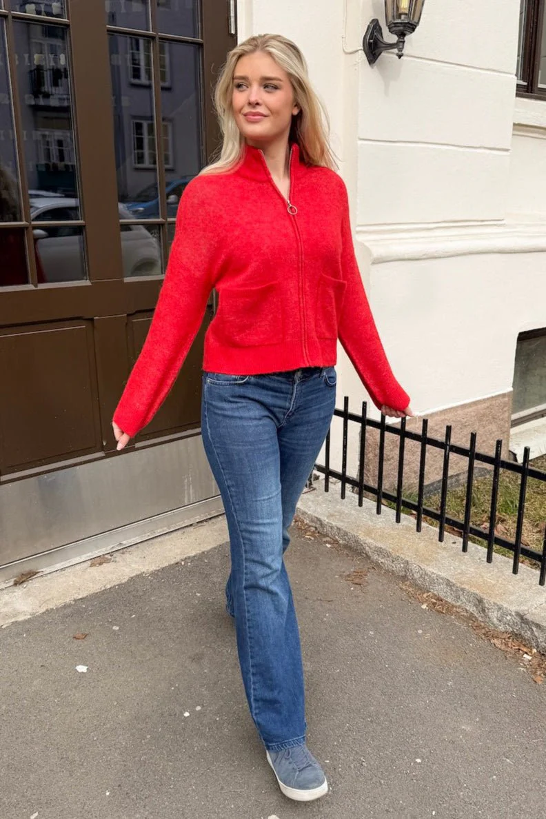 Sia Ras Ls Knit Zipper Cardigan Flame Scarlet Melange - Image 4