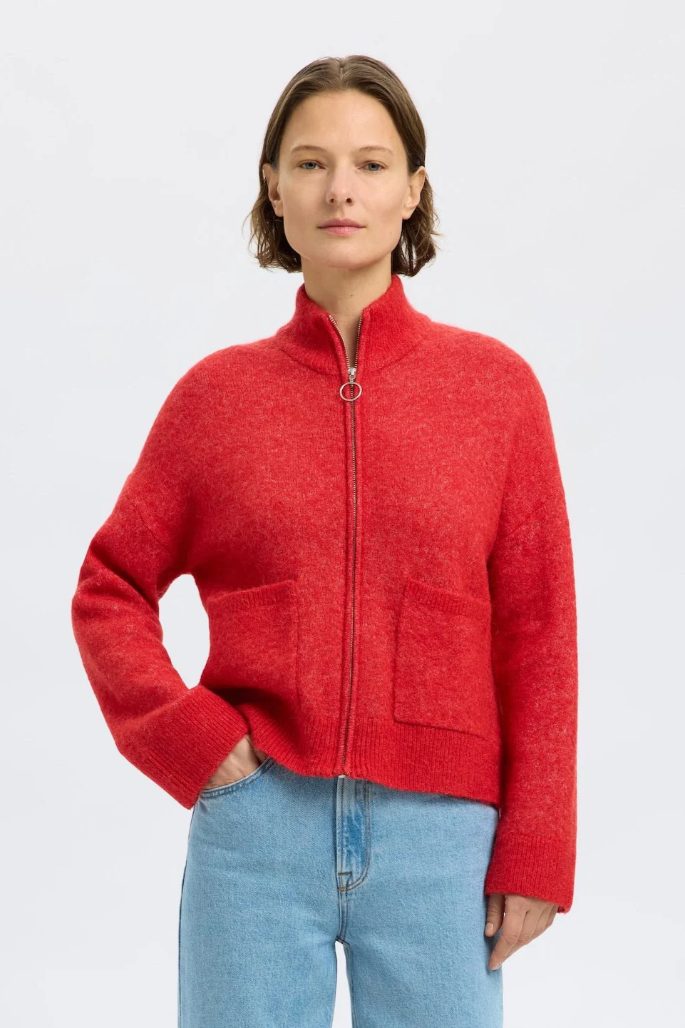 Sia Ras Ls Knit Zipper Cardigan Flame Scarlet Melange - Image 5