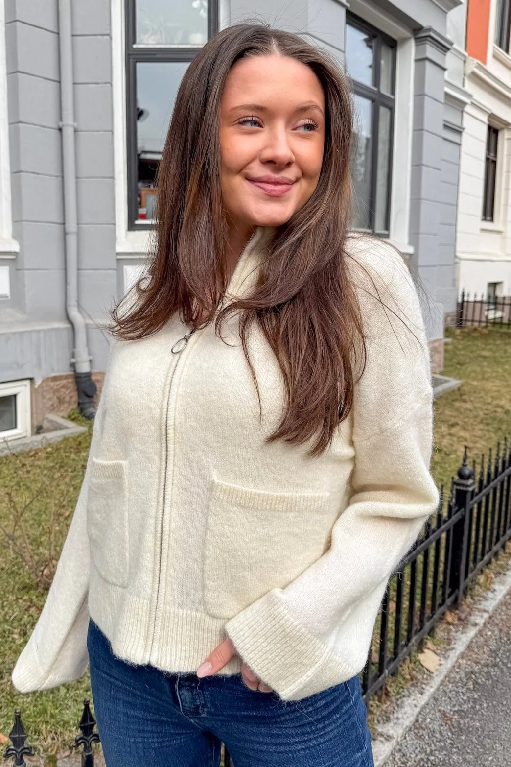 Sia Ras Ls Knit Zipper Cardigan Snow White Melange - Image 3