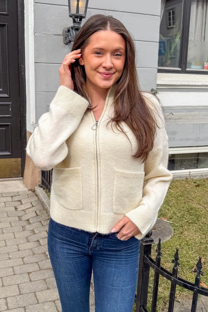 Sia Ras Ls Knit Zipper Cardigan Snow White Melange - Image 5