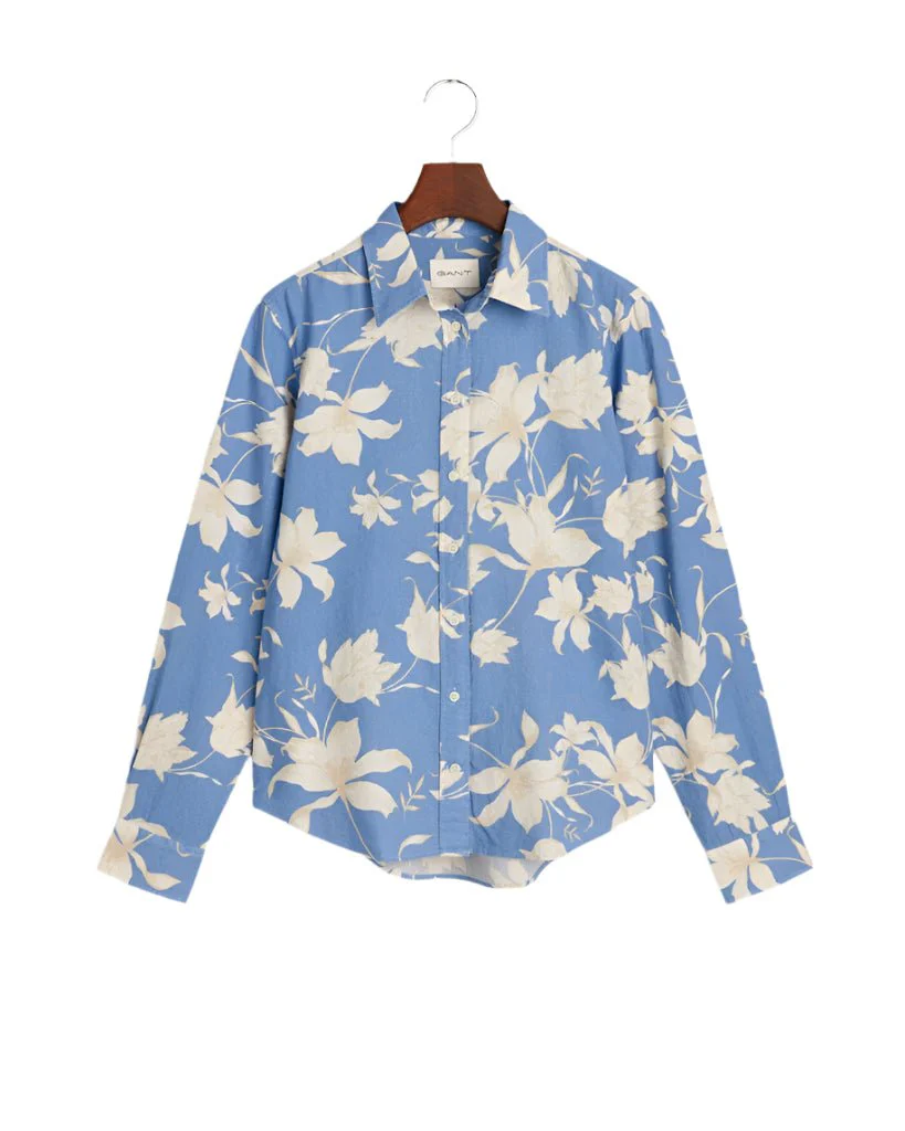 Regular Fit Floral Print Linen Shirt Perfect Blue