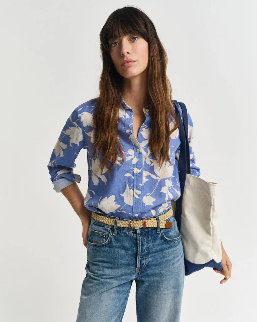 Regular Fit Floral Print Linen Shirt Perfect Blue - Image 2