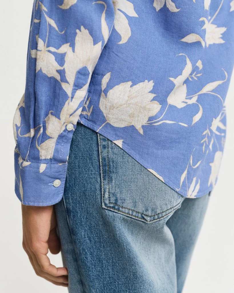 Regular Fit Floral Print Linen Shirt Perfect Blue - Image 4