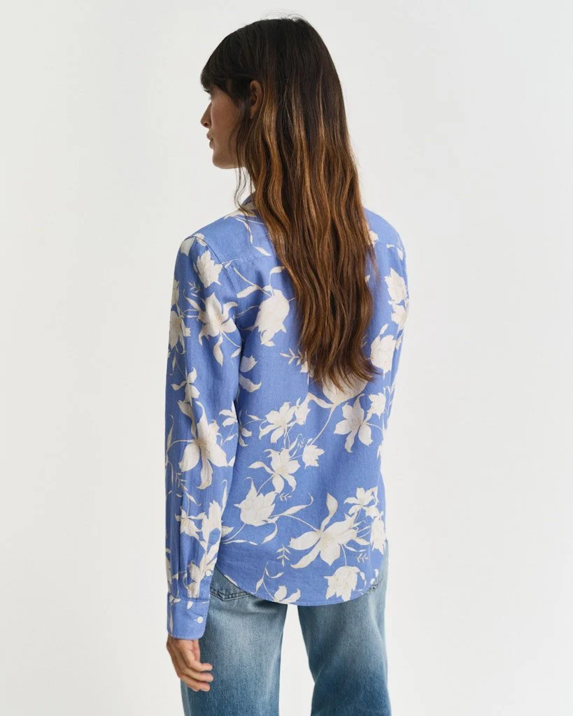 Regular Fit Floral Print Linen Shirt Perfect Blue - Image 5