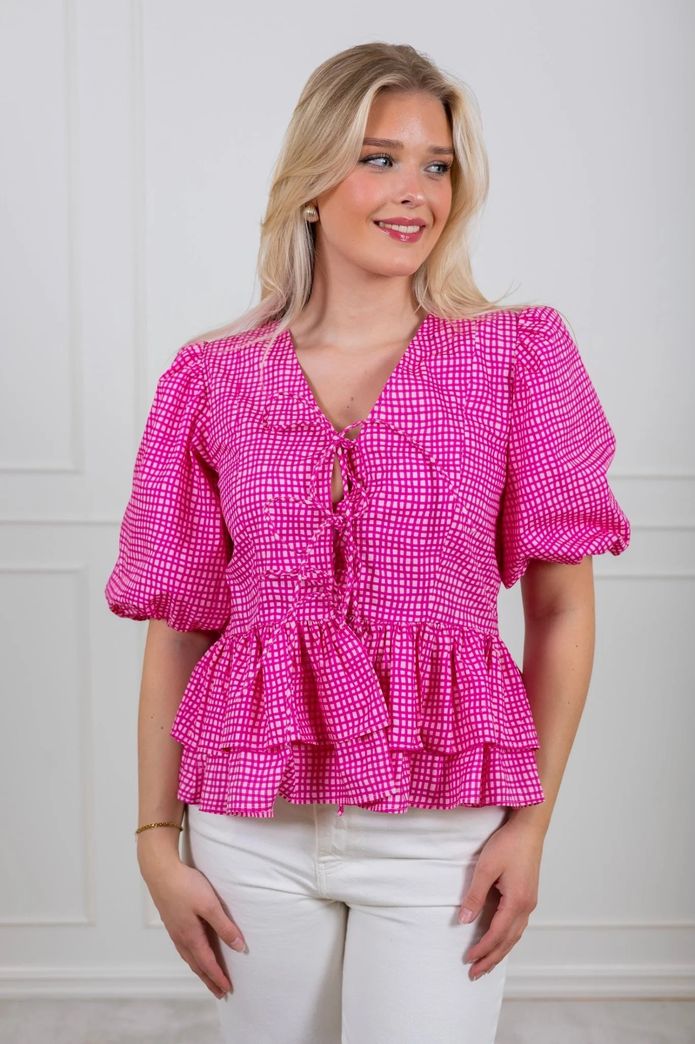 Boxy Bow Top Hot Pink Check - Image 5