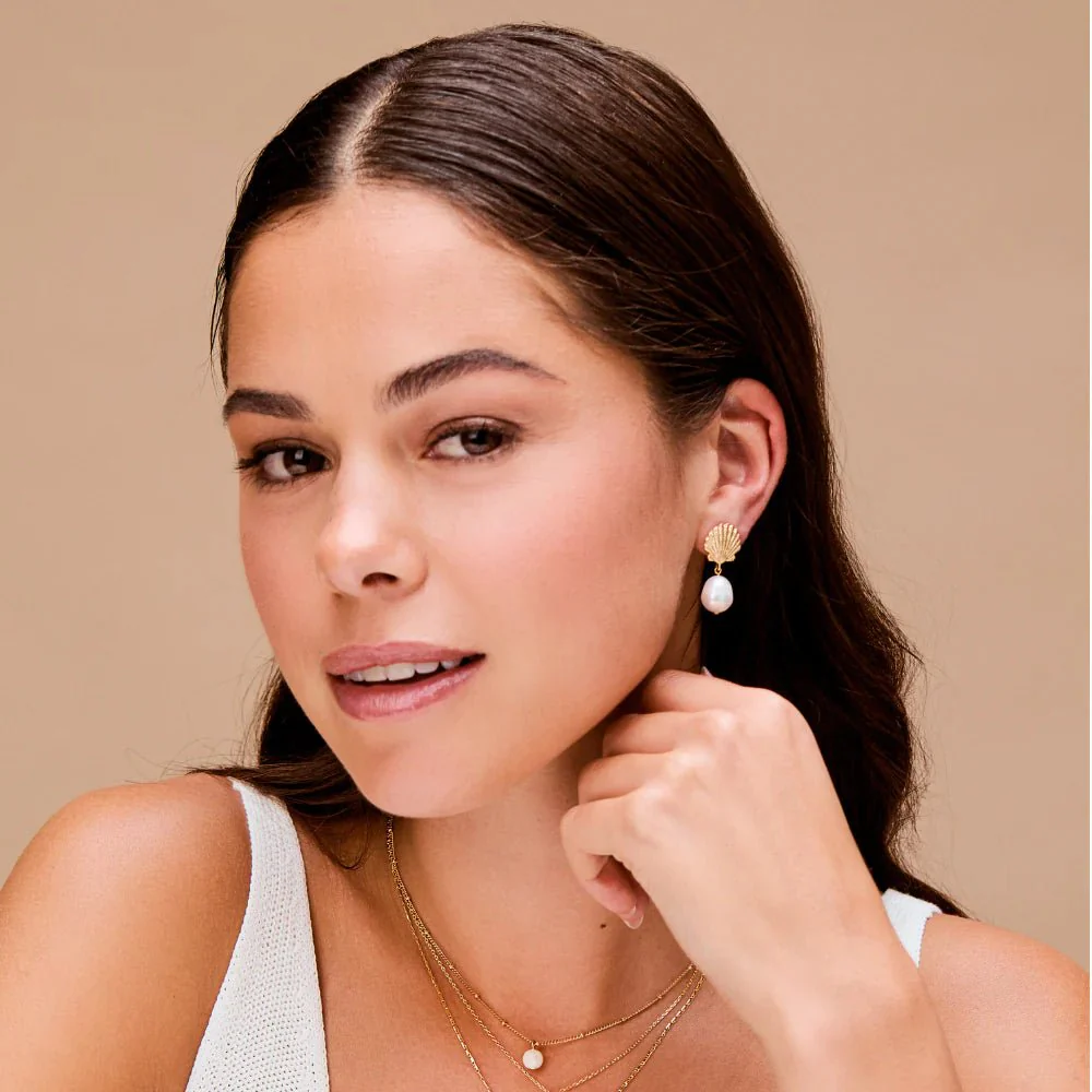 Shell & Pearl Drop Earrings Pale Gold