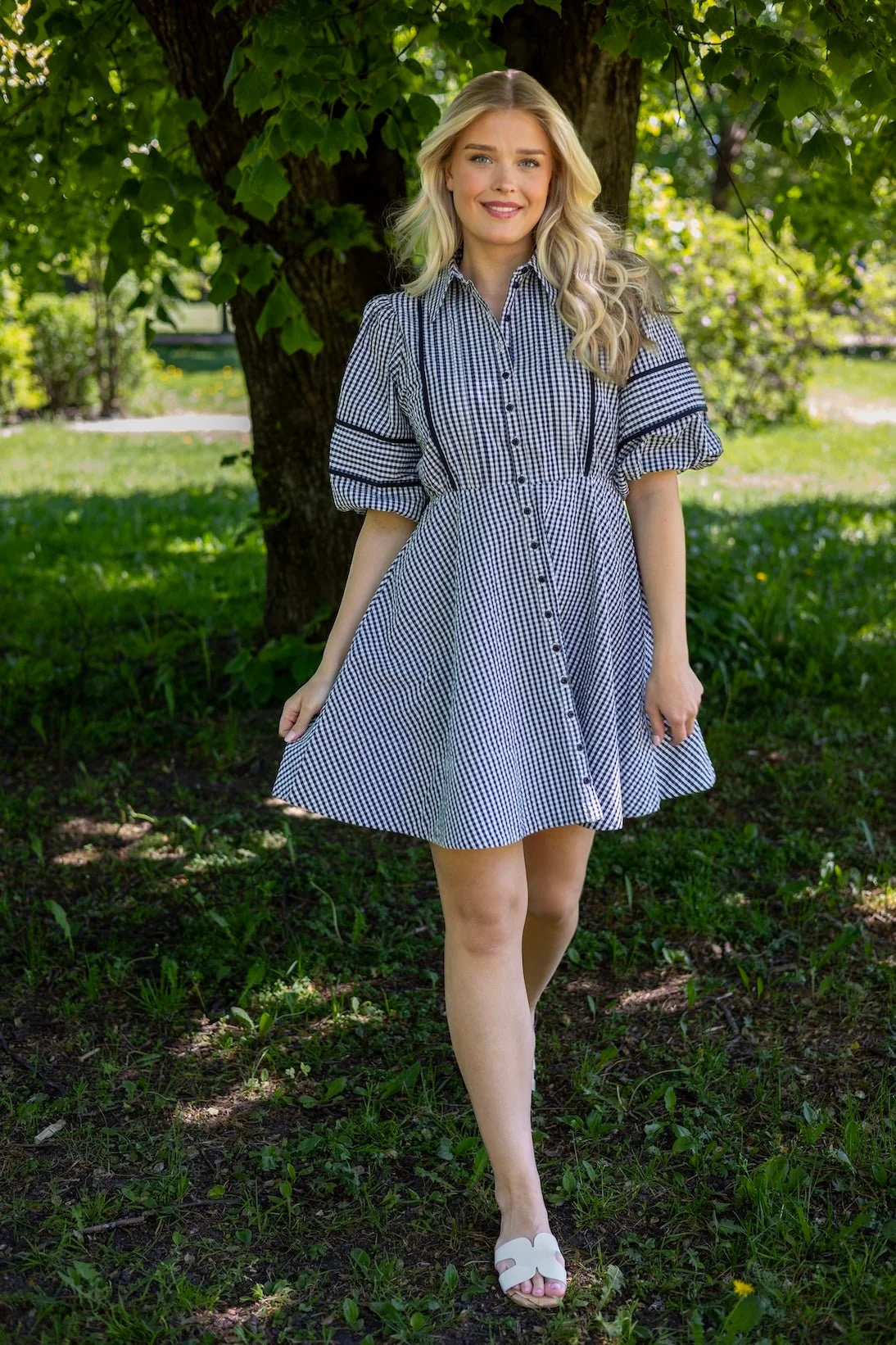 Seersucker Decorated Dress Navy Checks - Image 2