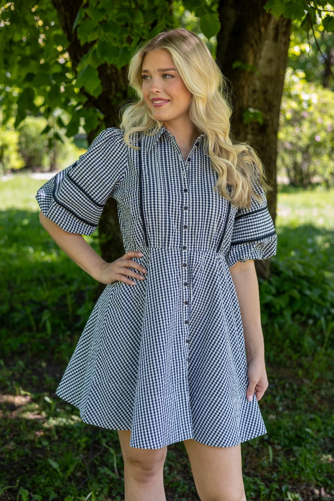 Seersucker Decorated Dress Navy Checks - Image 3