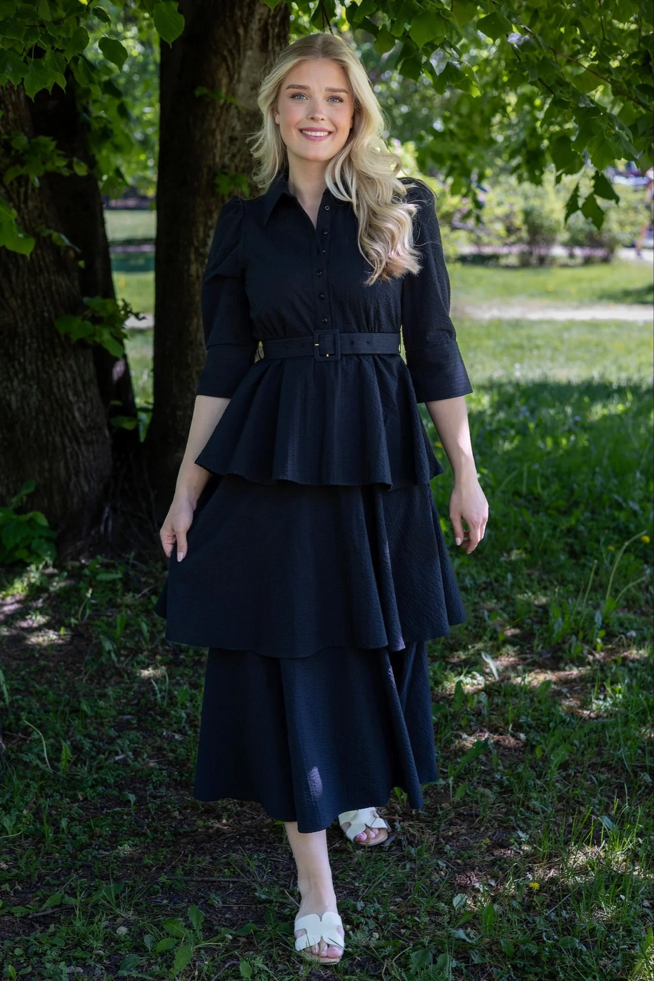 Seersucker Flounce Dress Black - Image 6