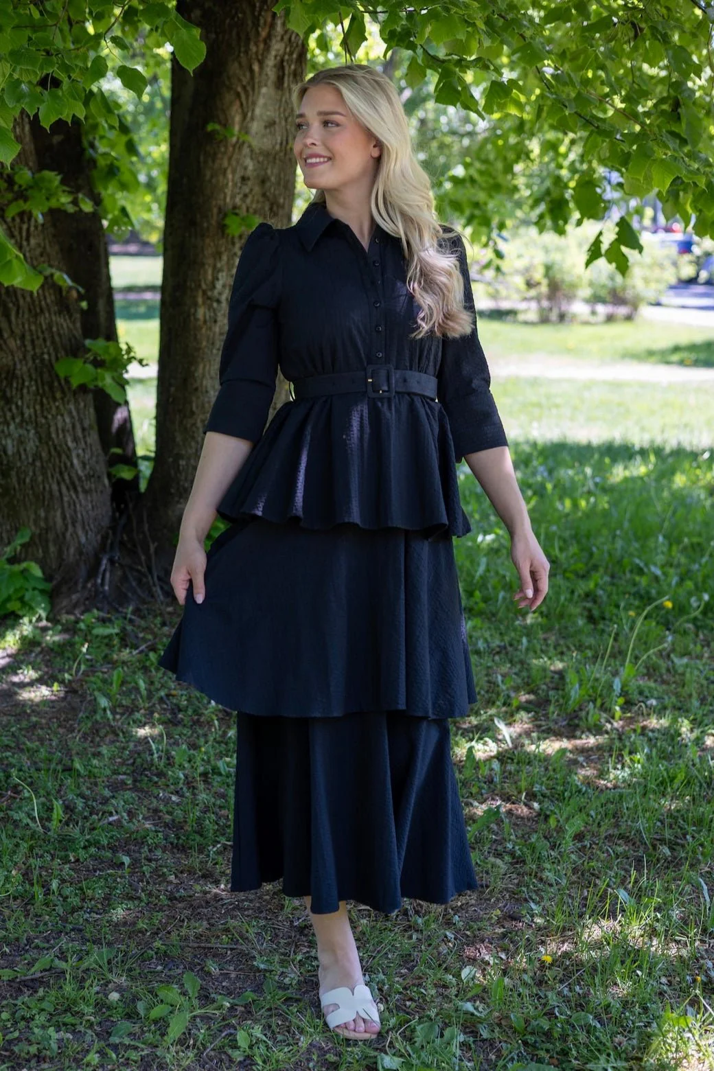 Seersucker Flounce Dress Black - Image 7