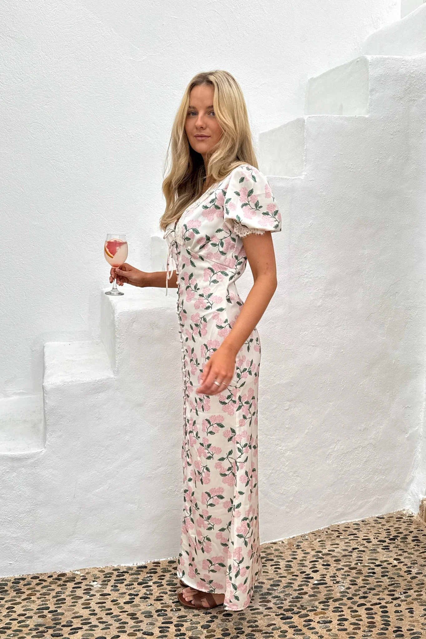 Agnete Long Dress Pink Hydrangea Print - Image 3