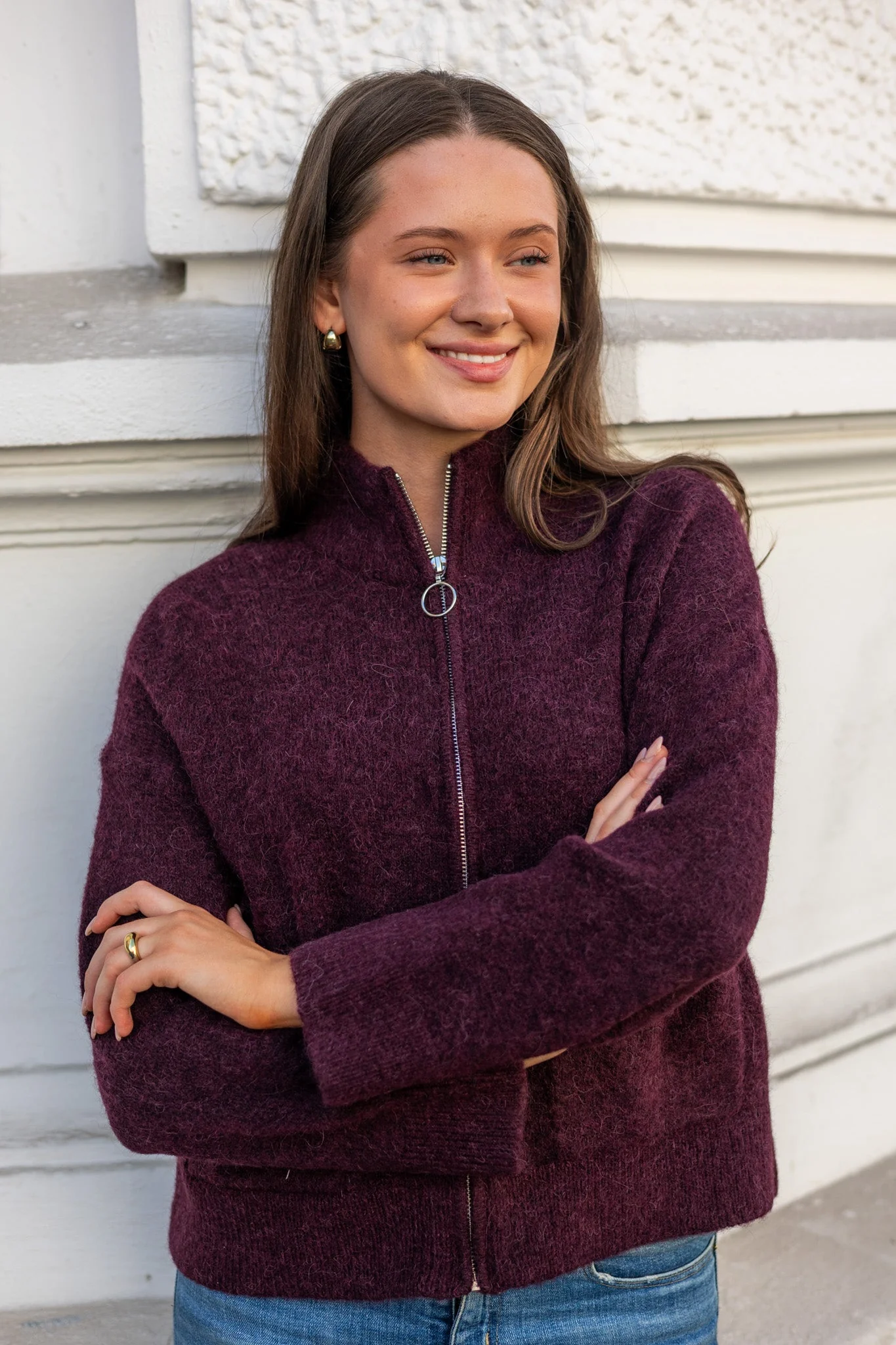 Sia Ras Ls Knit Zipper Cardigan Fig Melange