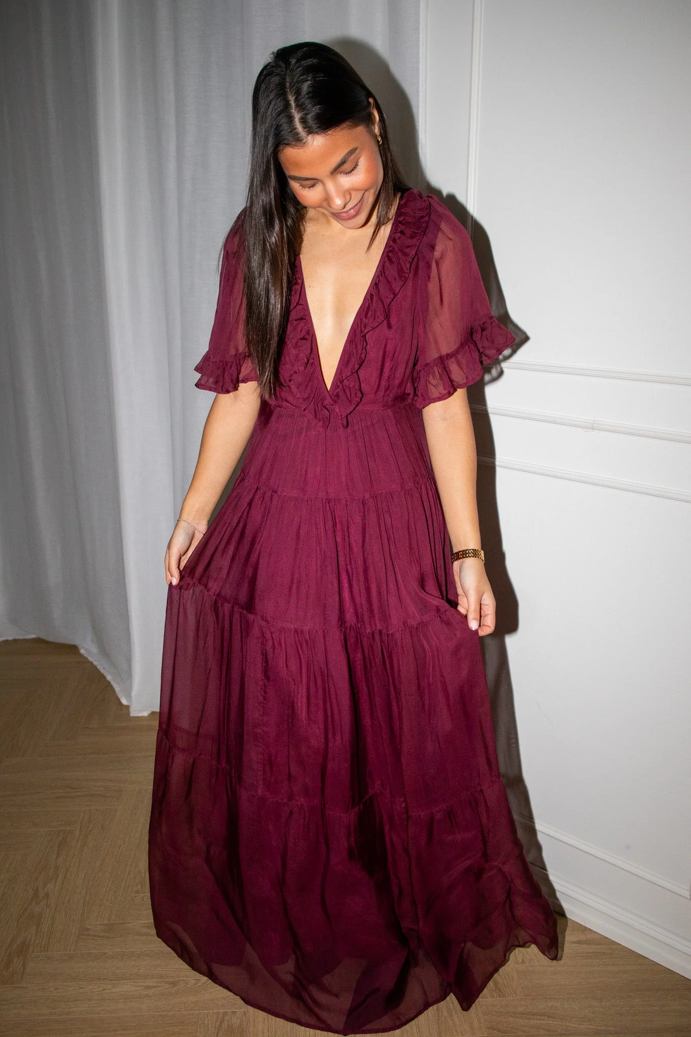 Organza Ruffle Dress Burgundy - Image 3