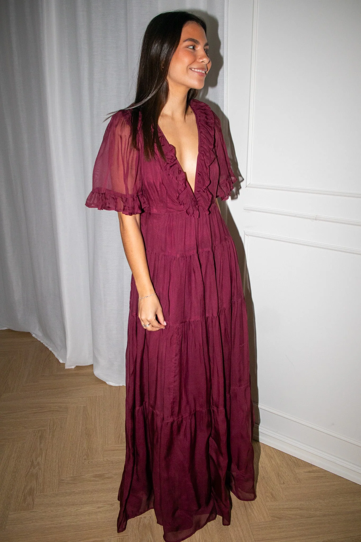 Organza Ruffle Dress Burgundy - Image 4