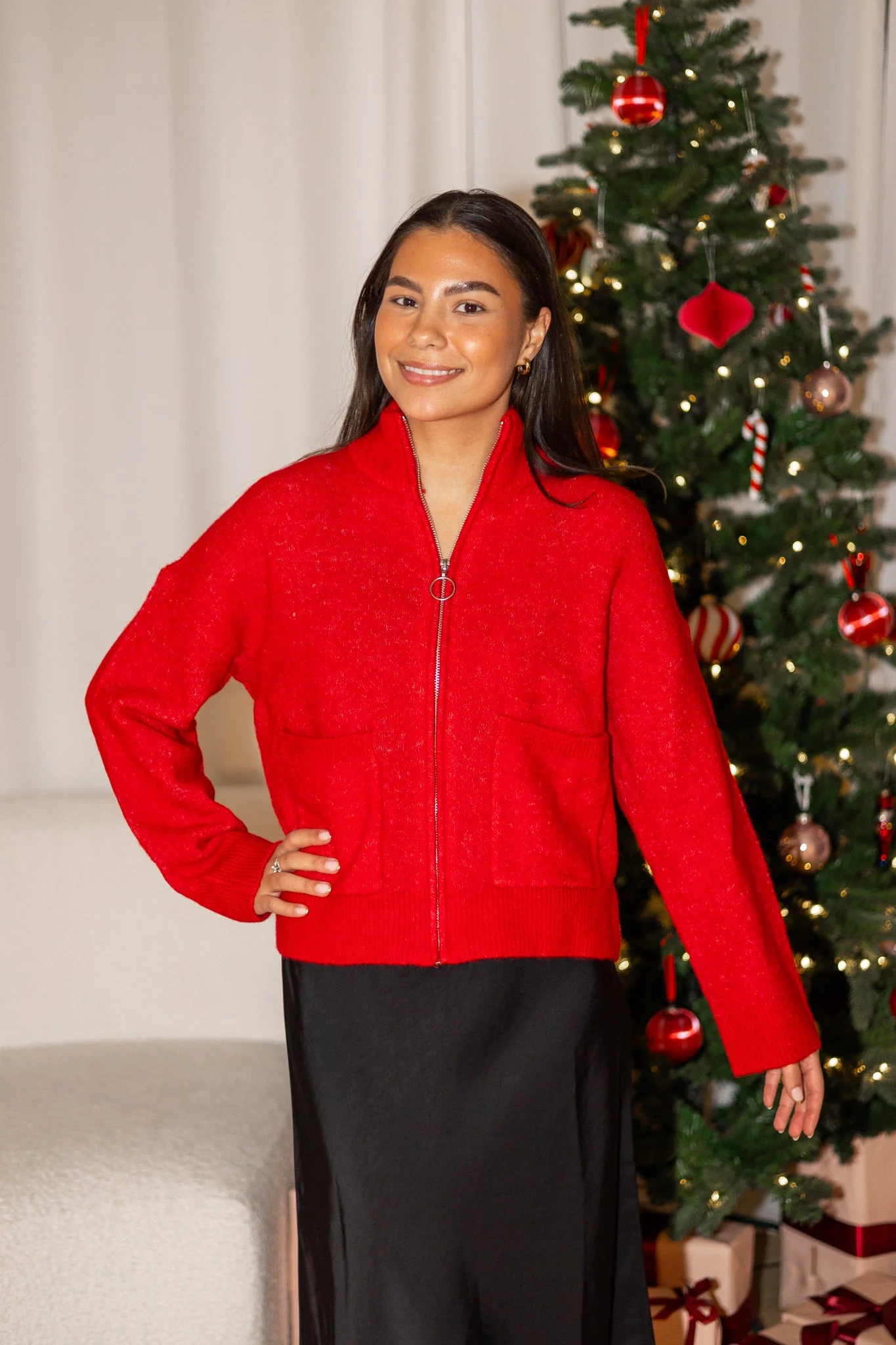 Sia Ras Ls Knit Zipper Cardigan Equestrian Red Melange