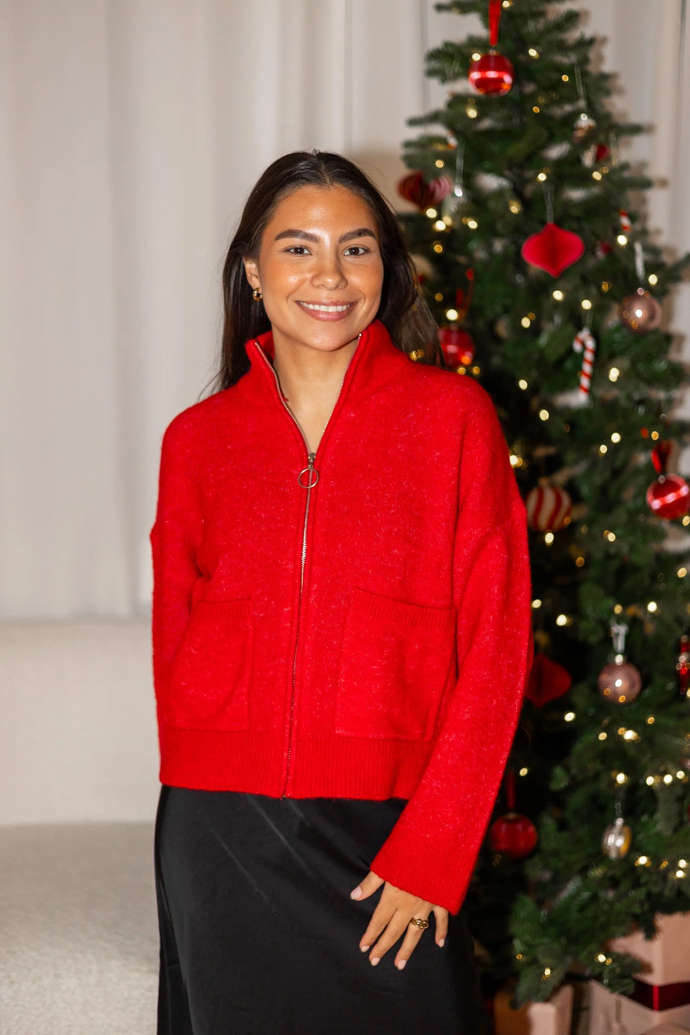 Sia Ras Ls Knit Zipper Cardigan Equestrian Red Melange - Image 4